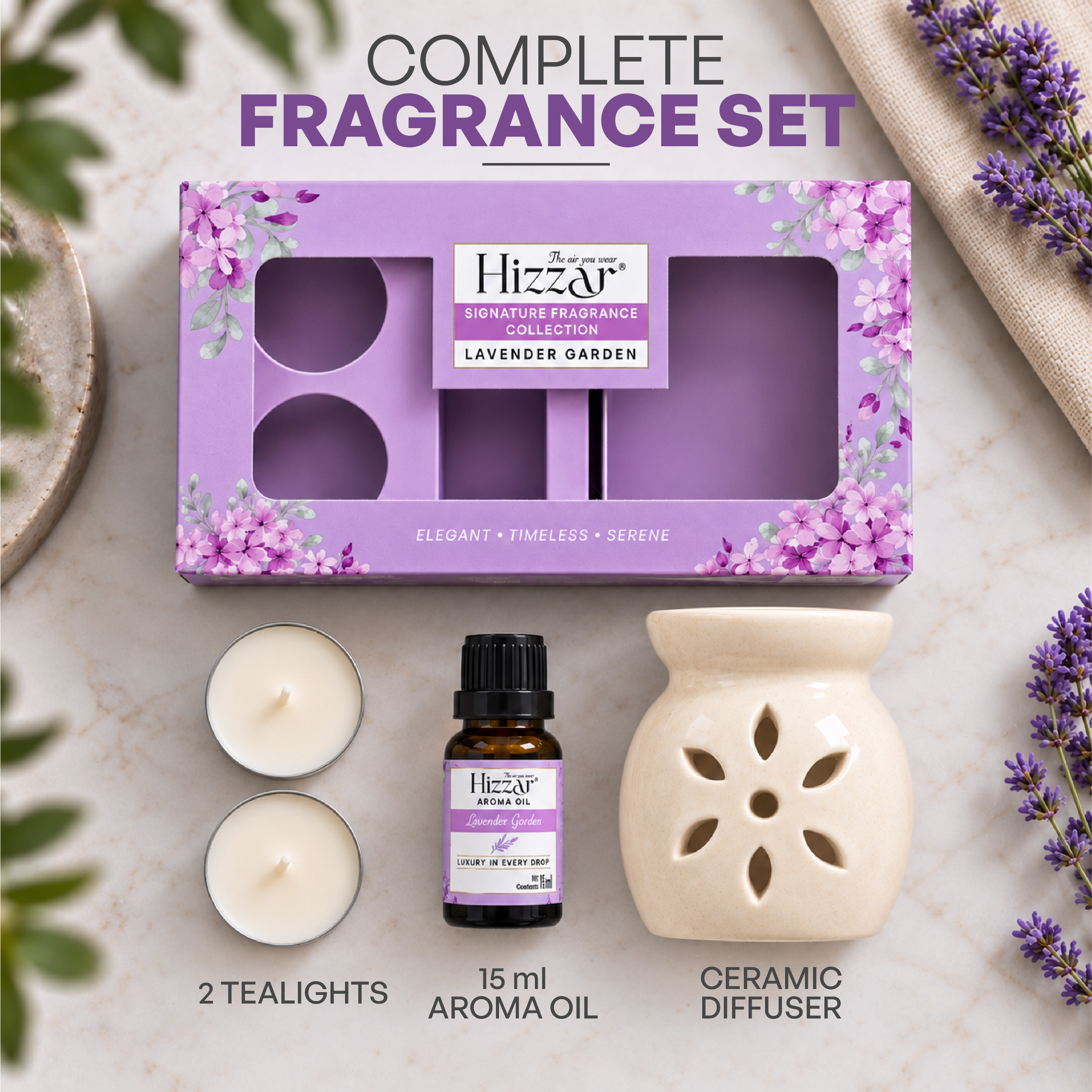 Ceramic Oil Diffuser Gift Set – Lavender Garden