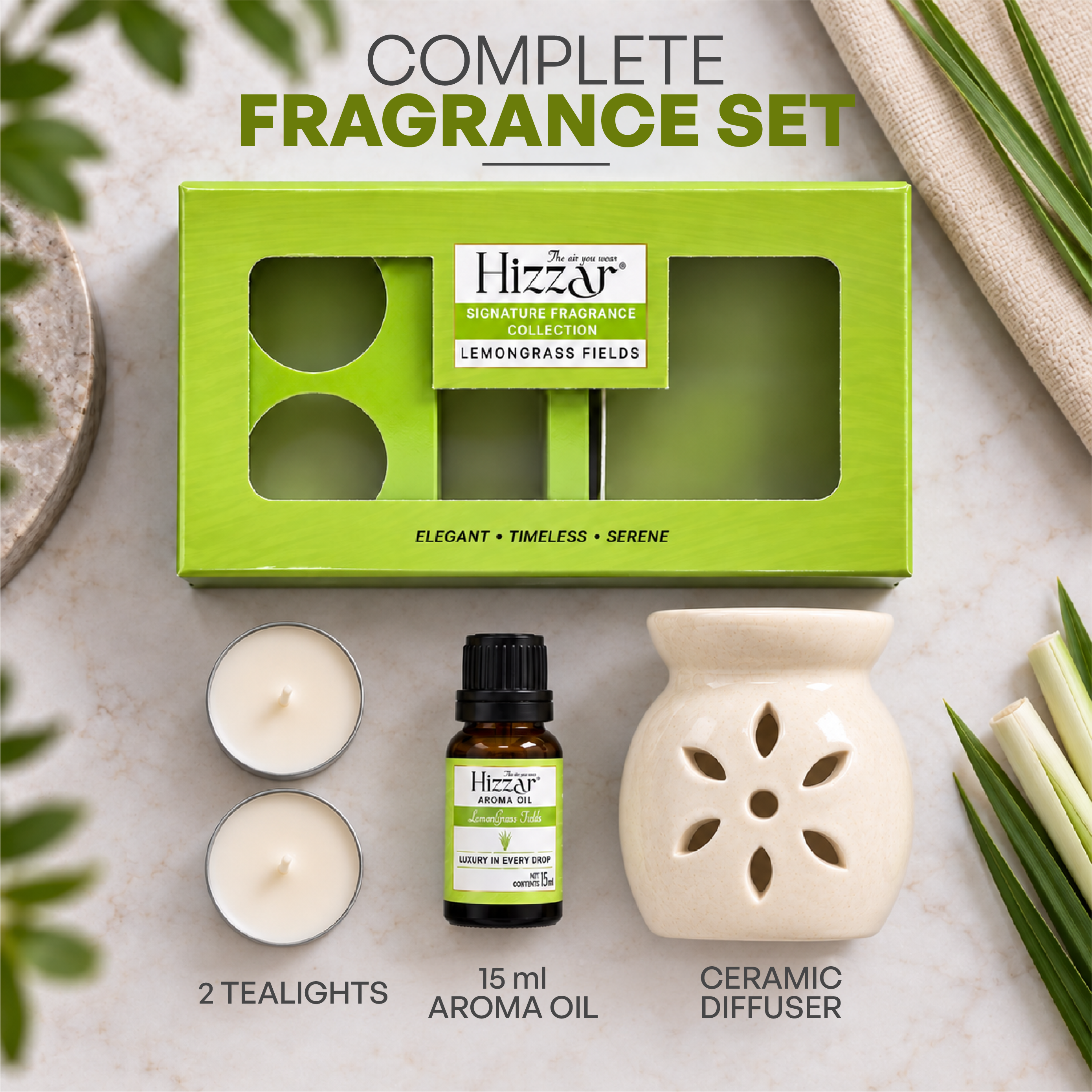 Ceramic Oil Diffuser Gift Set – Lemongrass Fields