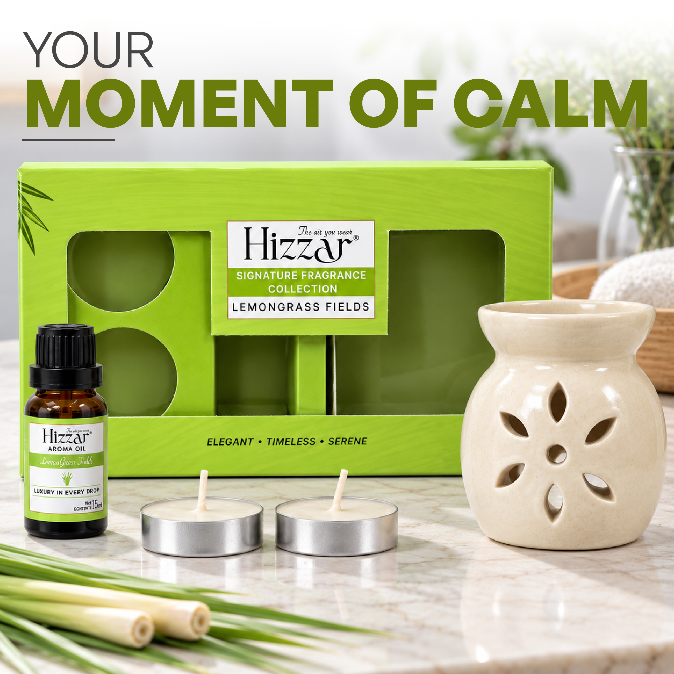 Ceramic Oil Diffuser Gift Set – Lemongrass Fields