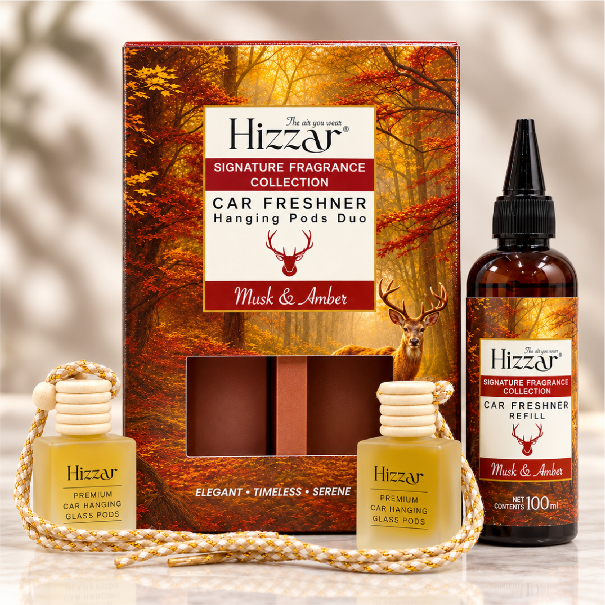 Car Freshener | Hanging Pods Duo + 100 ml Refill – Musk & Amber