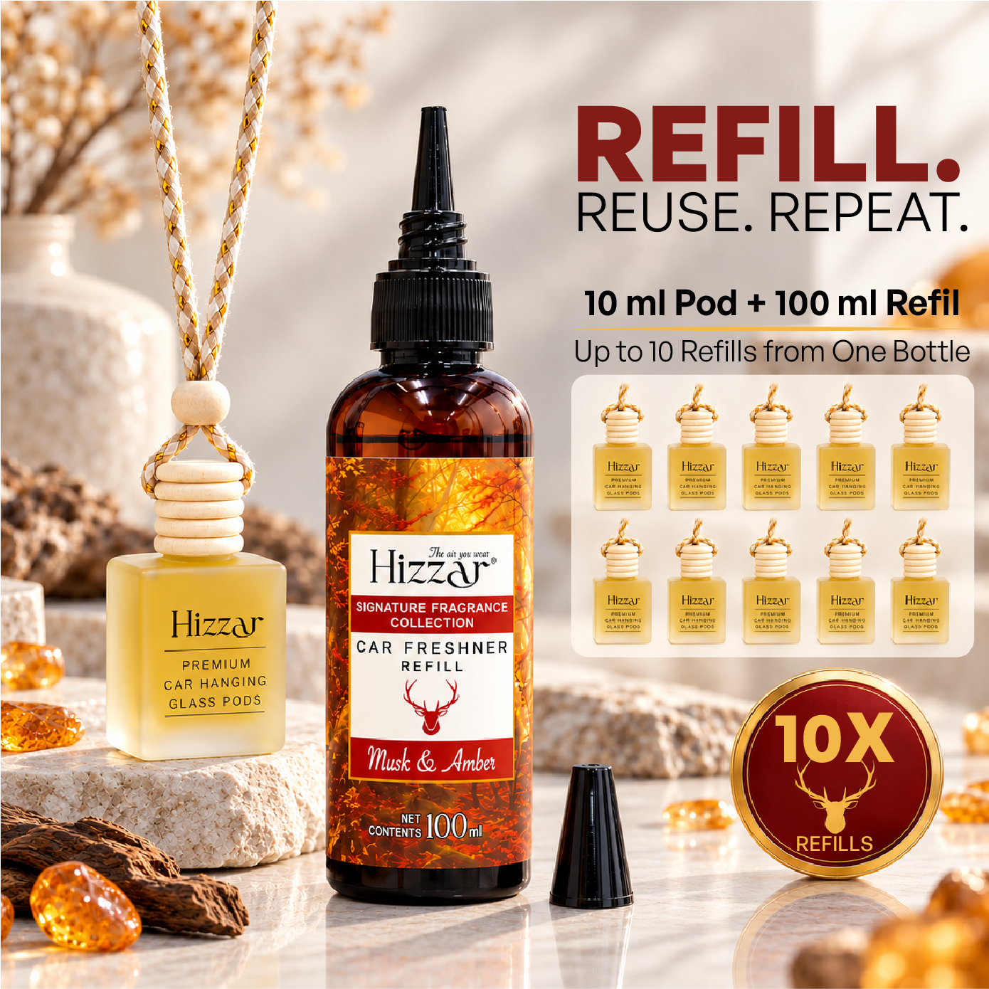Car Freshener | Hanging Pods Duo + 100 ml Refill – Musk & Amber