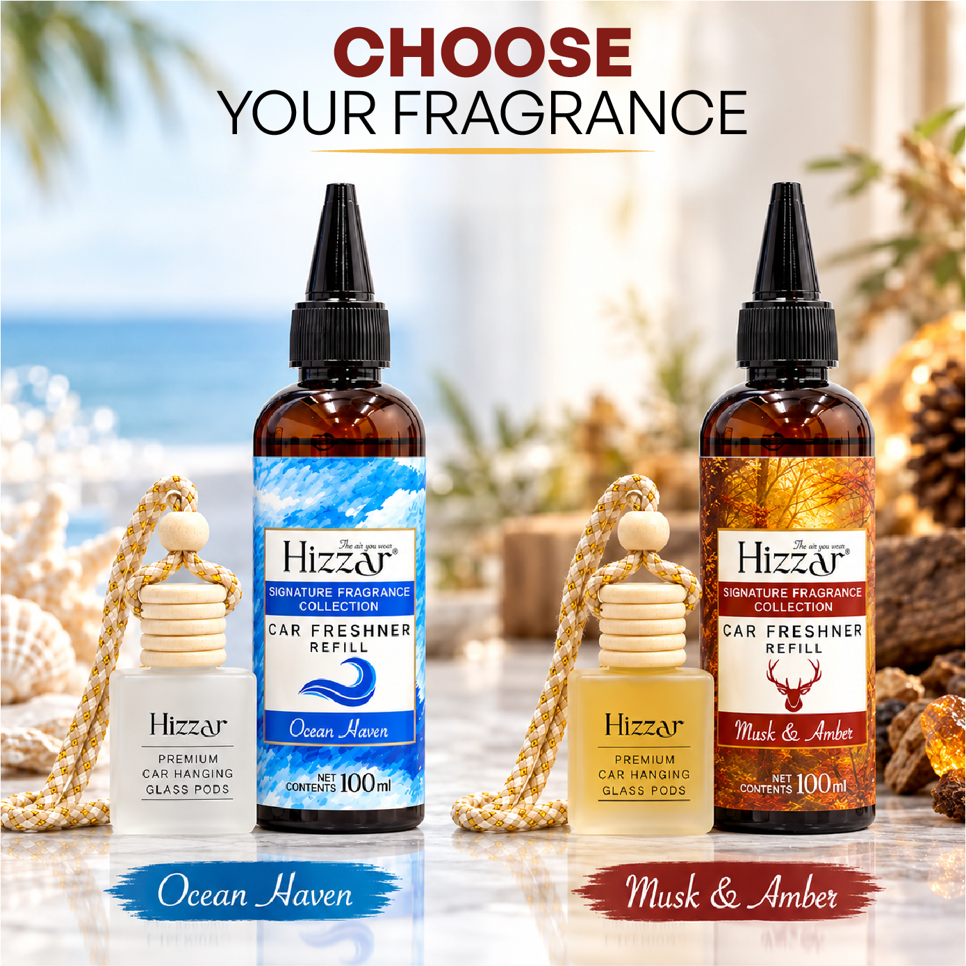 Car Freshener | Hanging Pods Duo + 100 ml Refill – Musk & Amber